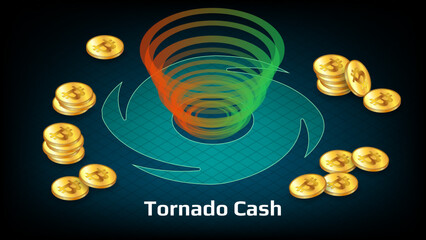 Tornado Cash banner in isometric view with Bitcoin BTC coins and text on dark background.Tornado Cash is service for confidential transfer of cryptocurrency.