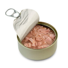 Opened Canned tuna fish in brine isolated on white background with Clipping Path
