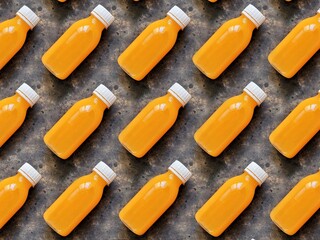 Pattern bottles of orange juice on a black concrete background. A nutritious cocktail. The concept of healthy eating. Fitness drink. Energy drink after sports.