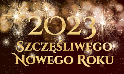 karta lub baner na szczęśliwego nowego roku 2023 w kolorze złotym na czarnym tle z fajerwerkami i brokatem w złotym kolorze