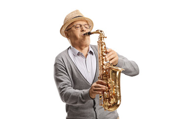 Obraz na płótnie Canvas Senior male musisican playing a saxophone