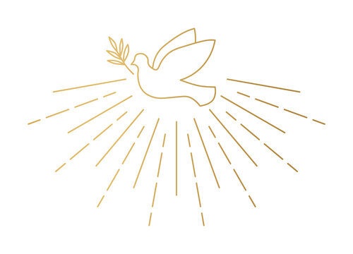 golden dove with olive branch and sun rays, Holy Spirit, peace concept- vector illustration