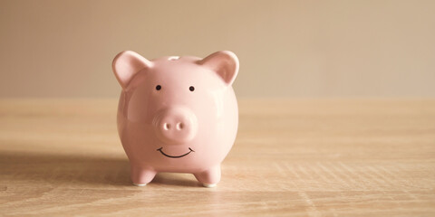 Cute piggy bank on the table.