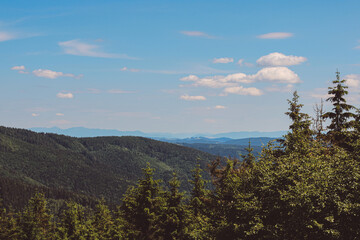 view of landscape with mountains and trees and blue sky in summer
