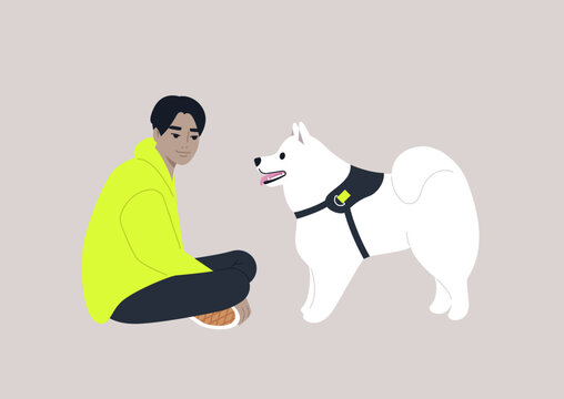 A young male Asian character sitting on the floor with their samoyed dog
