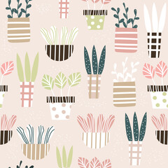 Seamless pattern with house plants. Cartoon funny print. Vector hand drawn illustration. - 524104700