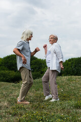 full length of happy retired couple in glasses dancing on green hill.