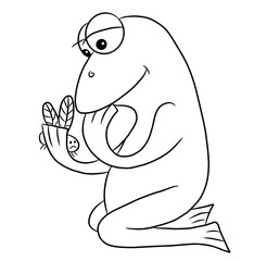 frog who caught a fly and looks at it, cartoon frog, funny and cute character, black and white contour drawing coloring, hand-drawn
