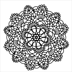 ornament in a circle, mandala, lace round crocheted napkin , black and white contour illustration hand-drawn, isolated on a white background