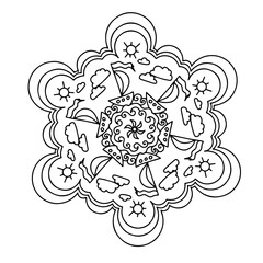 ornament in a circle, mandala, anti-stress drawing with ships, black-and-white contour illustration hand-drawn, isolated on a white background