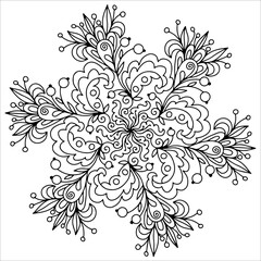 ornament in a circle for coloring, mandala, leaves and berries , antistress, black and white contour illustration hand-drawn, isolated on a white background