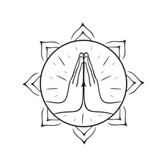 Mudra Namaste with the sun. Hand gesture. Symbol of Buddhism, Hinduism, spirituality. Namaste vector illustration isolated on white background