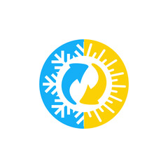 Hot and cold - flat vector icon with symbols of sun and snowflake - climate control, difference, climate change, thermometer - temperature index visualization
