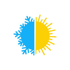 Hot and cold - flat vector icon with symbols of sun and snowflake - climate control, difference, climate change, thermometer - temperature index visualization