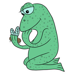 frog who caught a fly and looks at it, cartoon frog, funny and cute character, hand-drawn illustration, doodle, tattoo