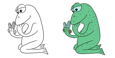 frog who caught a fly and looks at it, cartoon frog, funny and cute character, black and white contour drawing coloring, hand-drawn