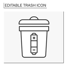  Utilization line icon. Waste sorting. Put the recharger battery into the bin. Power generator. Ecology.Trash concept. Isolated vector illustration. Editable stroke