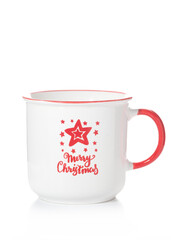 A white cup with a red handle and New Year inscriptions and patterns isolated on a white background
