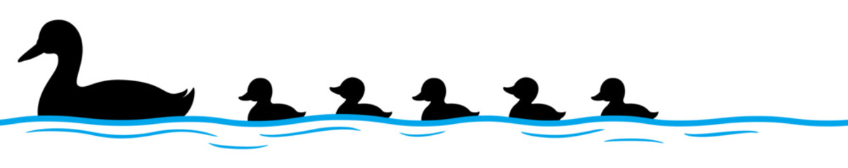 アヒルの親子が仲良くカラーの水の上を泳ぐシルエットライン