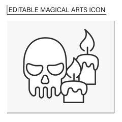 Skull symbol line icon. Death symbol with candles for blood rituals. Mystic instrument with big energy. Magical arts concept. Isolated vector illustration. Editable stroke