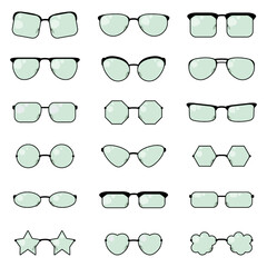 A selection of glasses with black frames and green glass of various shapes in eighteen variants.