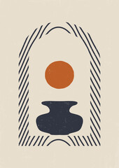 Abstract art, pot with lines and arch poster illustration.