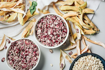 Freshly harvested dry white and red beans.