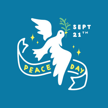 HAND DRAWING DOVE BIRD IS FLYING WITH A PLAN. PEACE DAY POSTER DESIGN