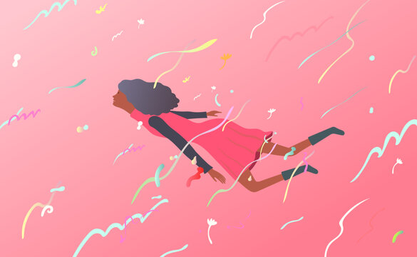 Vector Illustration Of Woman Flying In The Sky. Concept Art Of Freedom And Dream. Conceptual Artwork