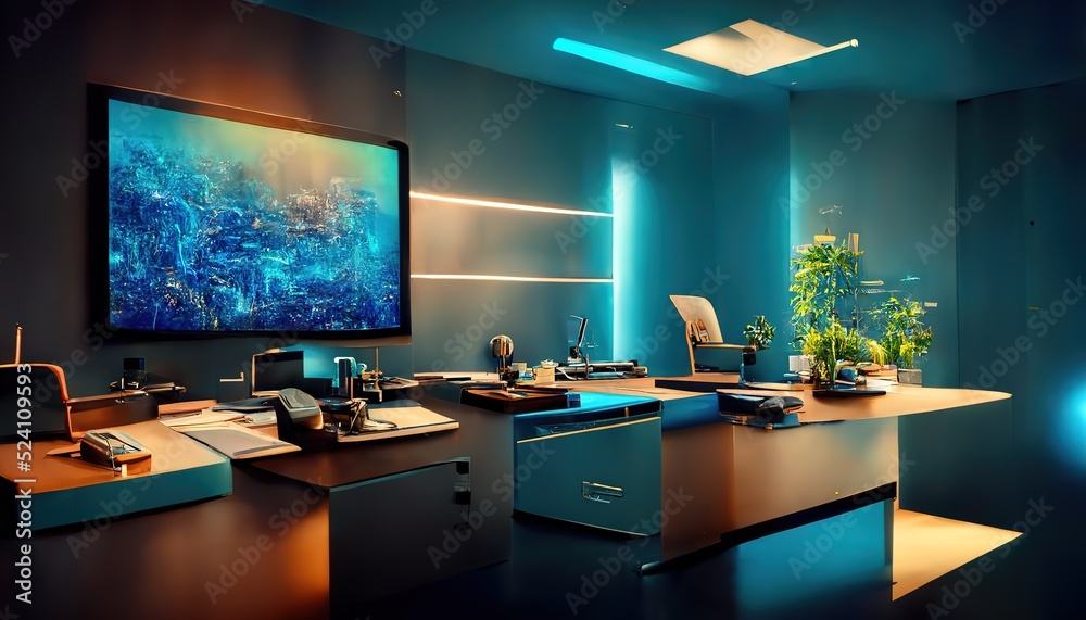 Poster composite image of computer in front of window in office.