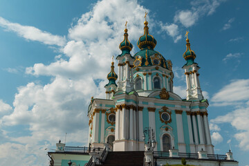 Travel to Ukraine - edifice of St Andrew's Church in Kiev city under blue sky
