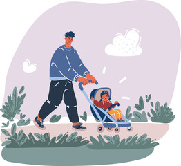 Vector illustration of man with baby stroller outside in the park