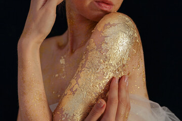Summer skin Sare, Sunburn, dry skin concept. Woman with Glitter glowing Golden Skin, Body Art.