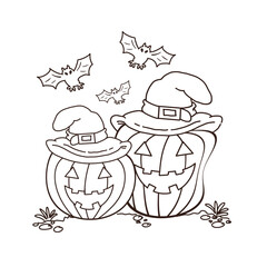 A coloring page drawing of a Jack O Lantern Halloween pumpkin with bats.