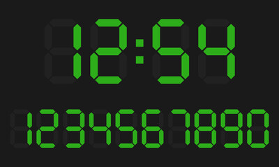 Digital clock and number set, electronic figures, light green digital LED numbers, dark gray background, isolated icon, flat style vector illustration.