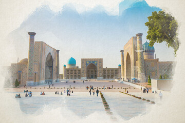  The Registan square in Samarkand, Uzbekistan, digital watercolor illustration. Digital painting of Samarkand, Uzbekistan