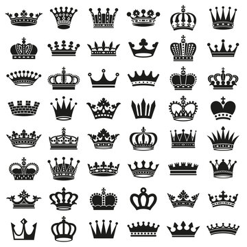 Medieval royal crown queen monarch king lord silhouette icons set vector isolated illustration.