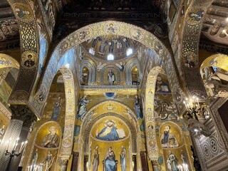 Fototapeta na wymiar Beautiful Byzantine style mosaics in the Palatine Chapel in Palermo, Sicily