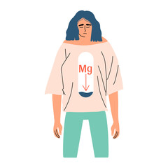 Magnesium deficiency concept. A woman suffers from a lack of a mineral in her body. Flat style illustration - obrazy, fototapety, plakaty