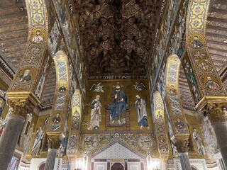 Fototapeta na wymiar Beautiful Byzantine style mosaics in the Palatine Chapel in Palermo, Sicily