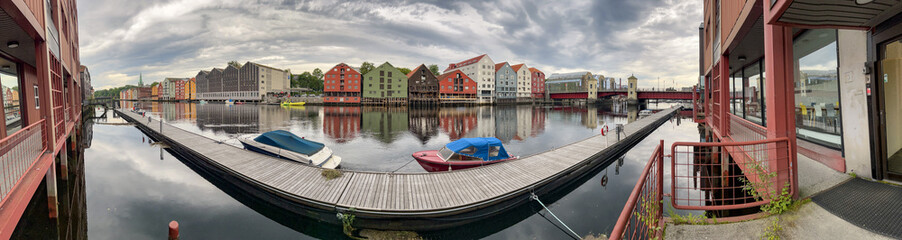 Panorama from Old warehouses buildings by the Nidelven (river) in Trondheim, Trøndelag, Norway,...