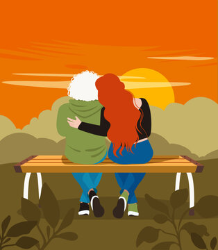 Vector of lesbian women couple hugging lovingly watching the sunset