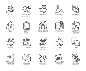 Premium Icons Pack on Housing and Communal Services Consumer Services Public Utilities. Such Line Signs as Plumbing Work, Cleaning Garbage. Vector Icons Set for Web and App in Outline Editable Stroke.