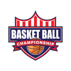basket ball badge logo with shield and ribbon
