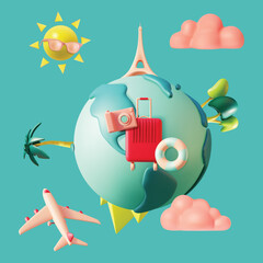 3d Travel and Tourism Concept Plasticine Cartoon Style Include of Planet Earth and Plane. Vector illustration