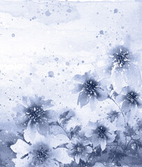 Watercolor floral background. Summer, autumn, spring landscape. Sunflower, calendula, chamomile in the field. banner, card for your design.For logo, card, design,frame. plants, wild herbs pattern 