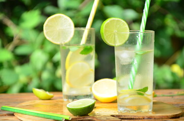 Fresh summer drink. Cold lemonade with mint lemon and lime on a nature outdoor background. Mojito summer refreshing cocktail with ice and mint