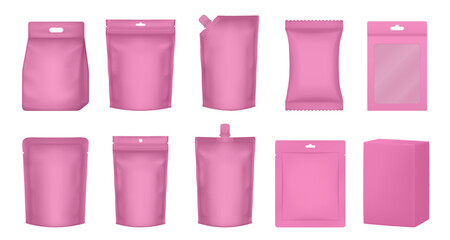 Set of milk cardboard package. Vector zip bag. Realistic carton package with cap. Box for dairy products. Pouch and doy pack mockups. Gold flow pack, sachet. Brown paper bag. Tetrahedral packaging