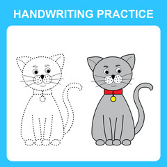 Handwriting practice. Draw lines and color the cat. Educational kids game, coloring sheet, printable worksheet. Vector illustration