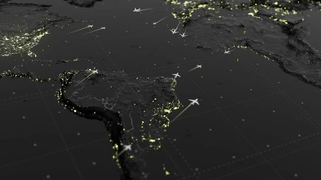 Map of International Air Travel between continents and countries. Map of flights of international flights between the countries of the USA, South America and Europe, Africa.